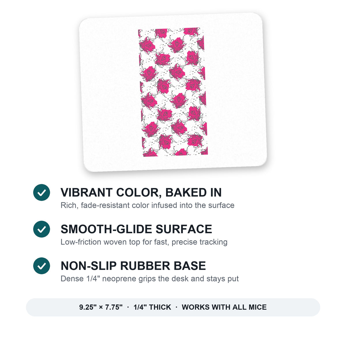 Wildflower Pink Graffiti mouse pad: vibrant color, smooth-glide surface, non-slip rubber base, 9.25 x 7.75 inches