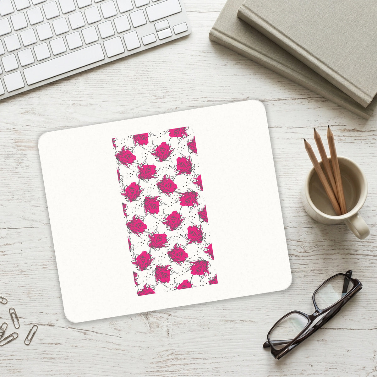 Wildflower Pink Graffiti mouse pad on a desk with a keyboard