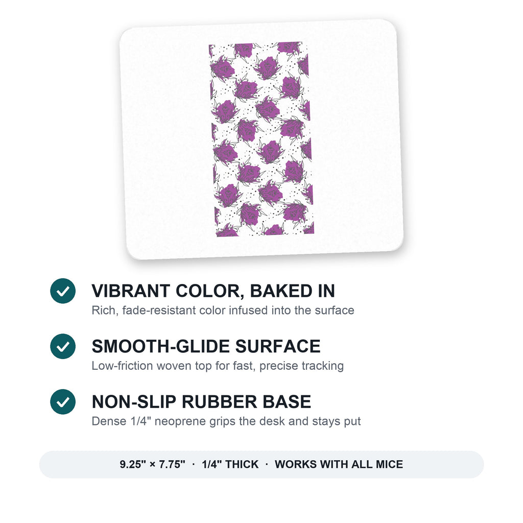 Wildflower Purple Graffiti mouse pad: vibrant color, smooth-glide surface, non-slip rubber base, 9.25 x 7.75 inches