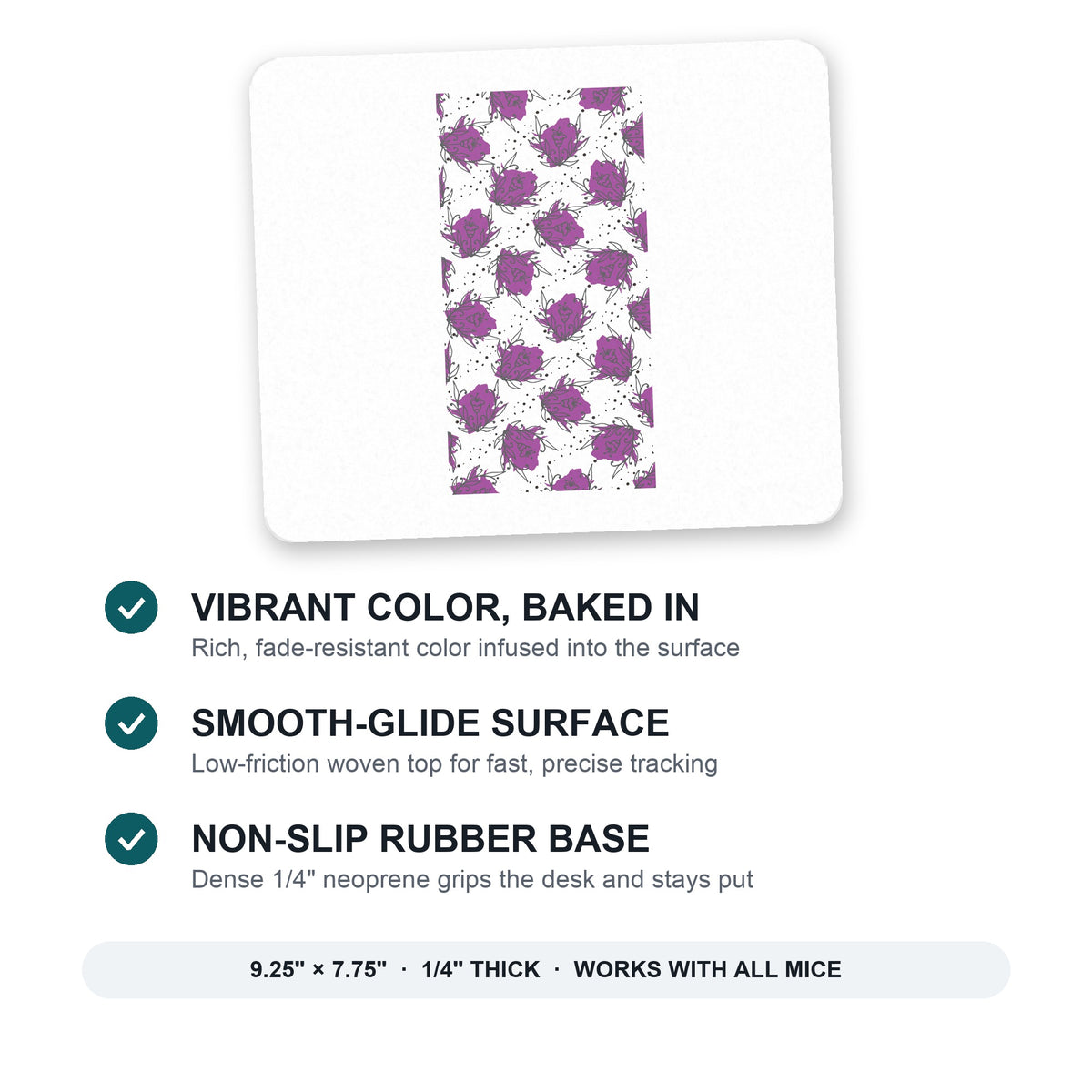 Wildflower Purple Graffiti mouse pad: vibrant color, smooth-glide surface, non-slip rubber base, 9.25 x 7.75 inches