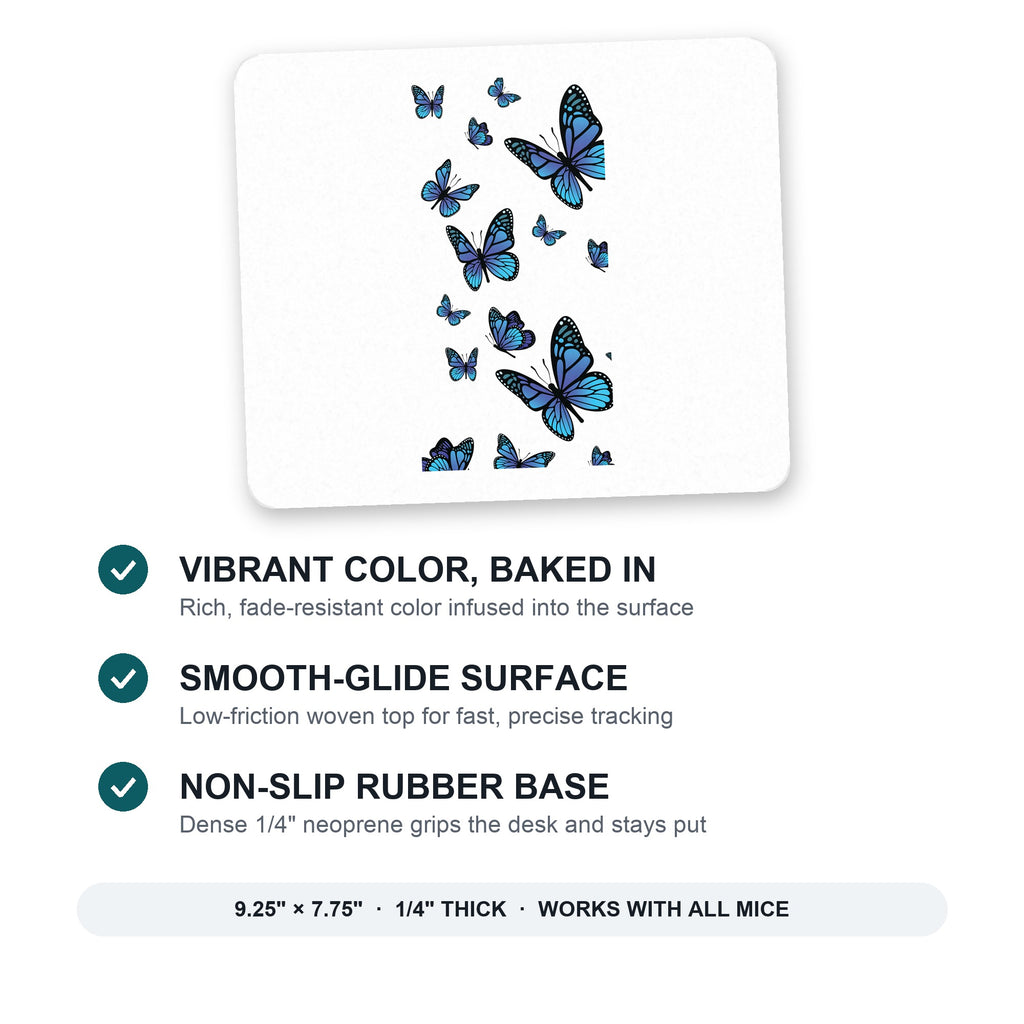 Blue Butterflies Butterfly mouse pad: vibrant color, smooth-glide surface, non-slip rubber base, 9.25 x 7.75 inches
