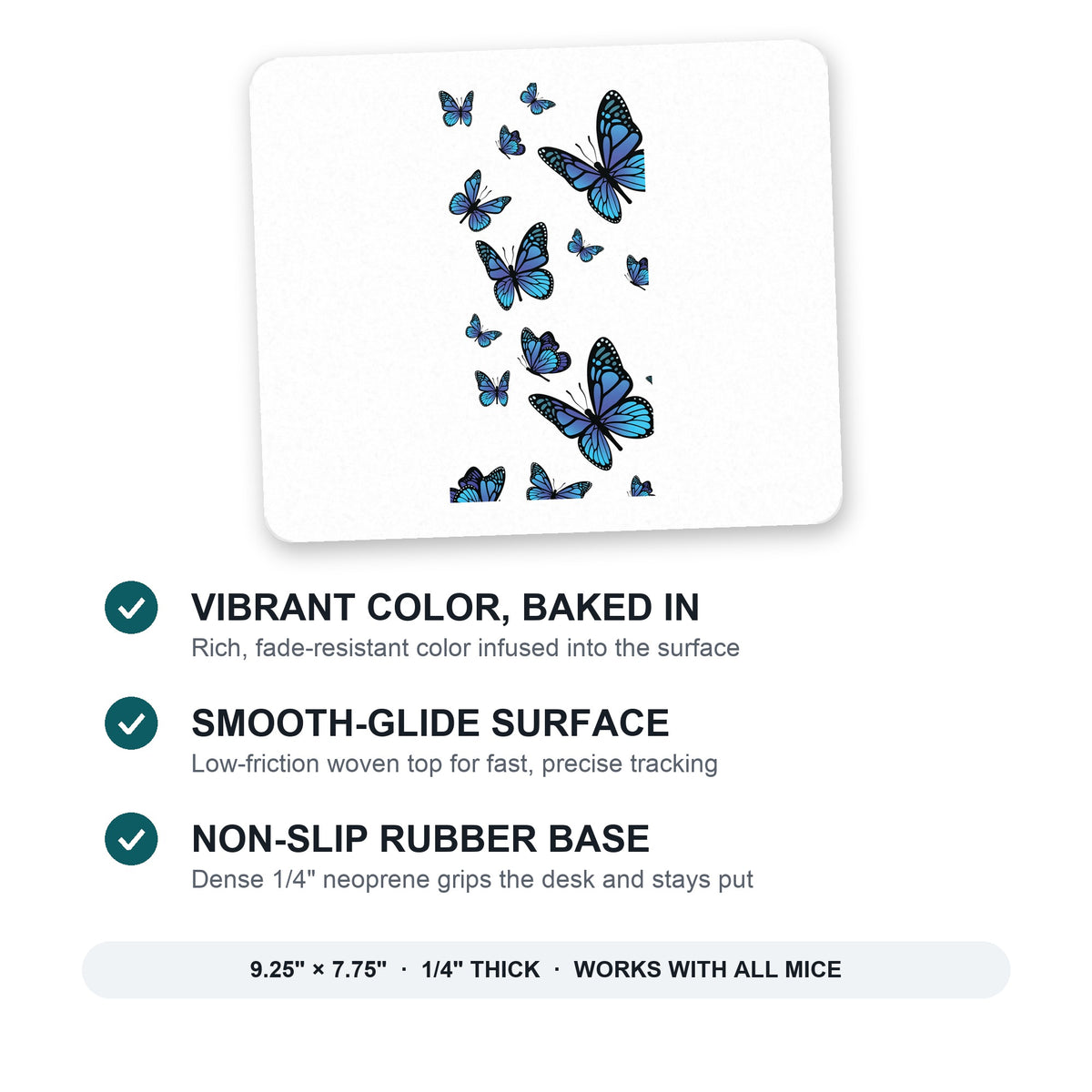 Blue Butterflies Butterfly mouse pad: vibrant color, smooth-glide surface, non-slip rubber base, 9.25 x 7.75 inches