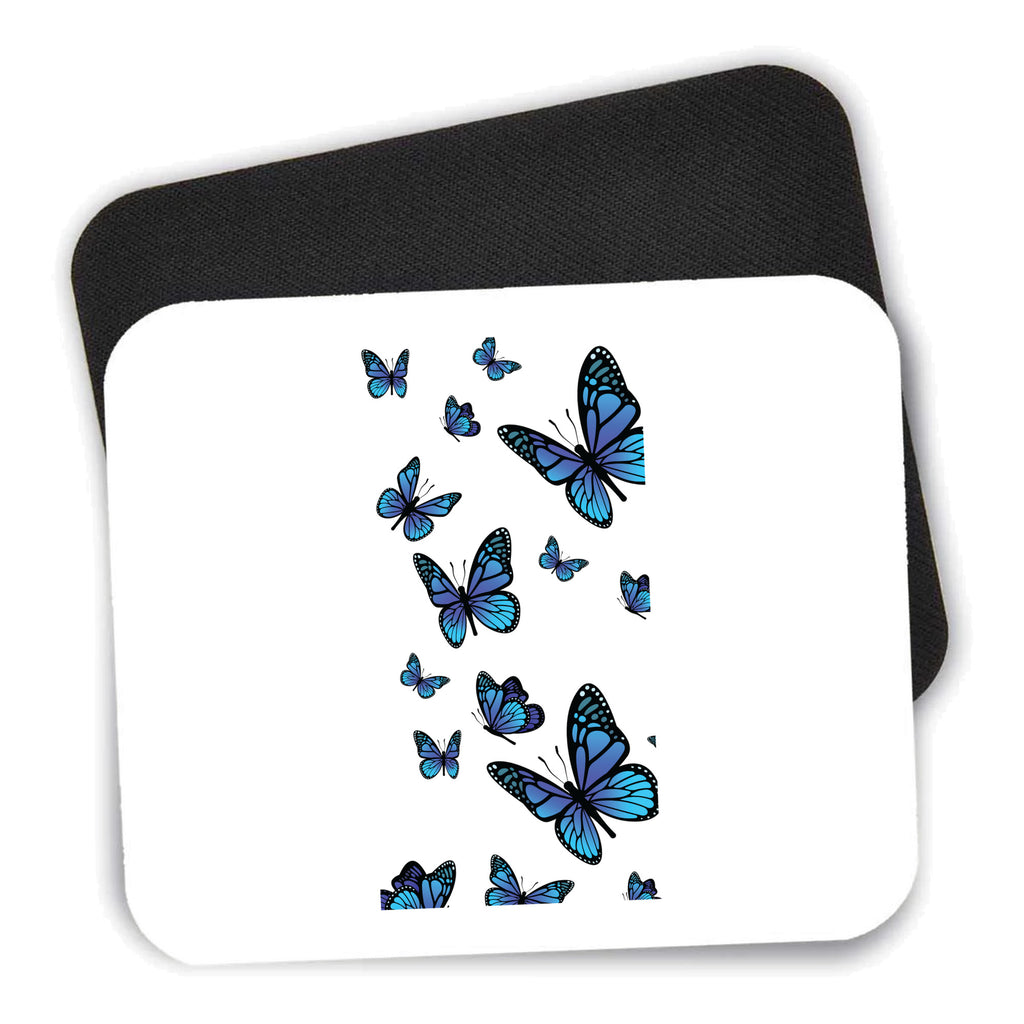 Blue Butterflies Butterfly mouse pad shown with its black non-slip rubber underside