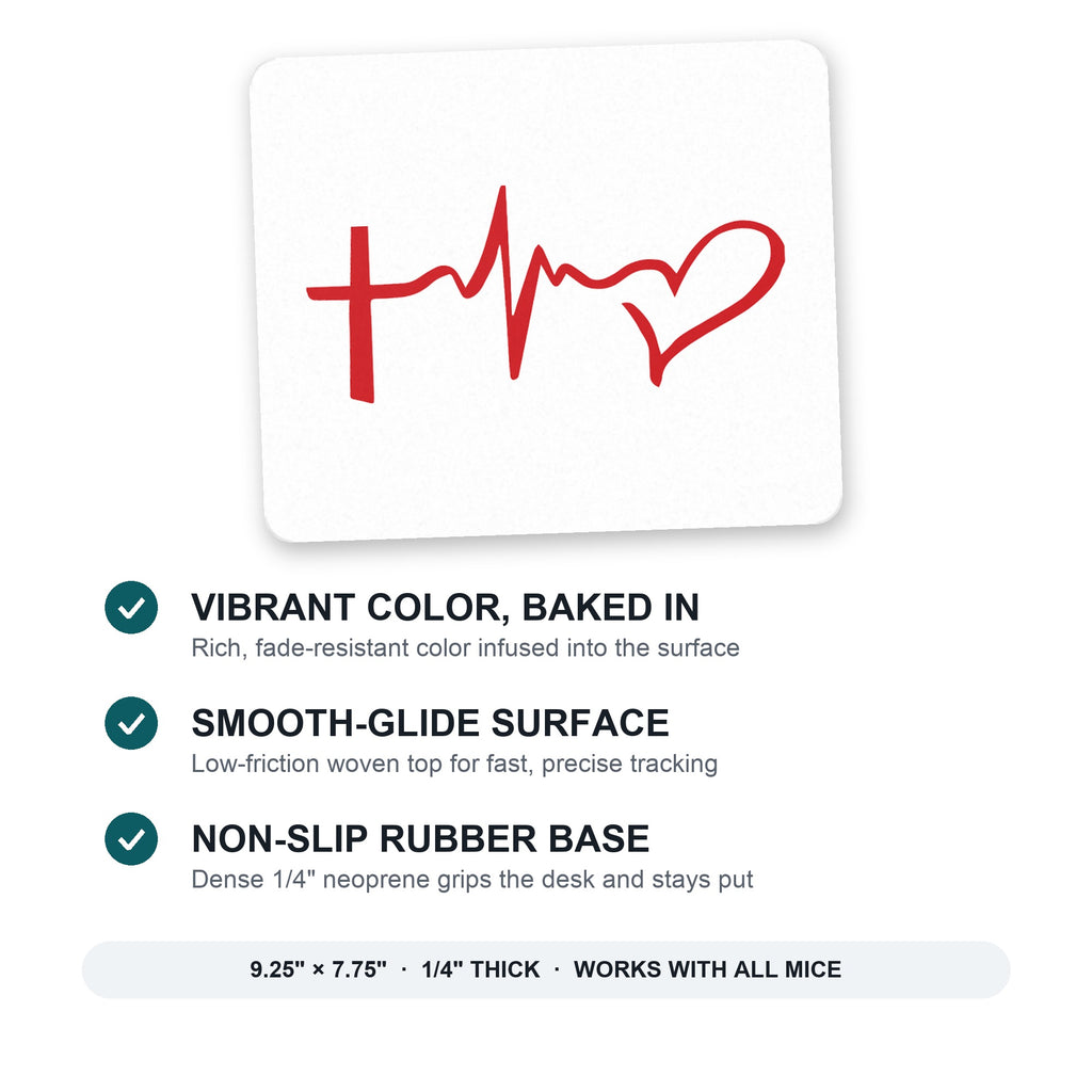 Cross Heart - Faith Hope Love mouse pad: vibrant color, smooth-glide surface, non-slip rubber base, 9.25 x 7.75 inches