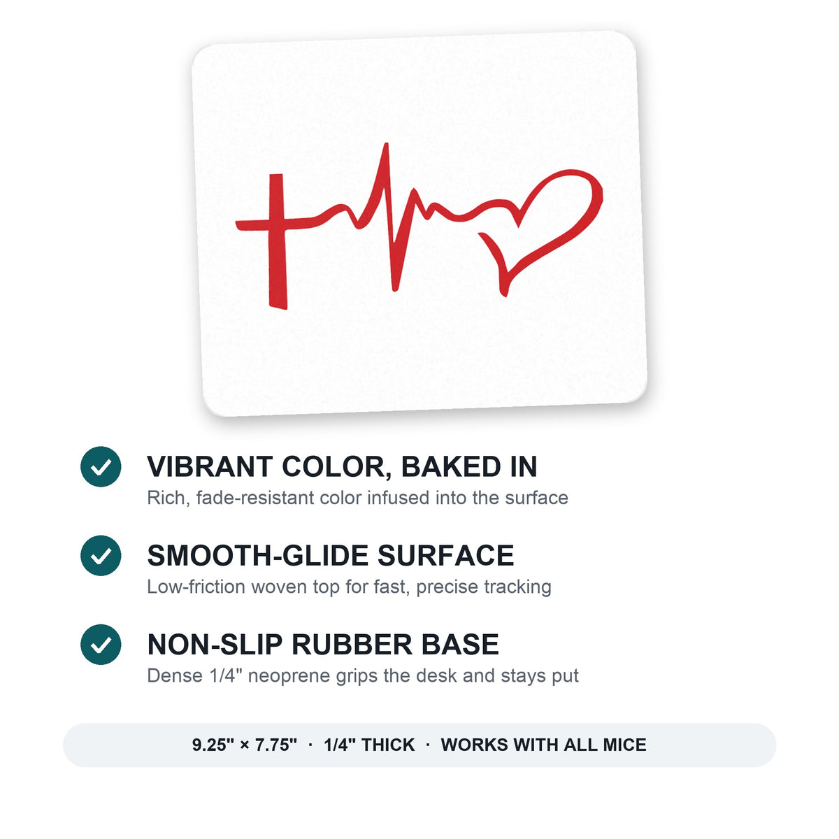 Cross Heart - Faith Hope Love mouse pad: vibrant color, smooth-glide surface, non-slip rubber base, 9.25 x 7.75 inches
