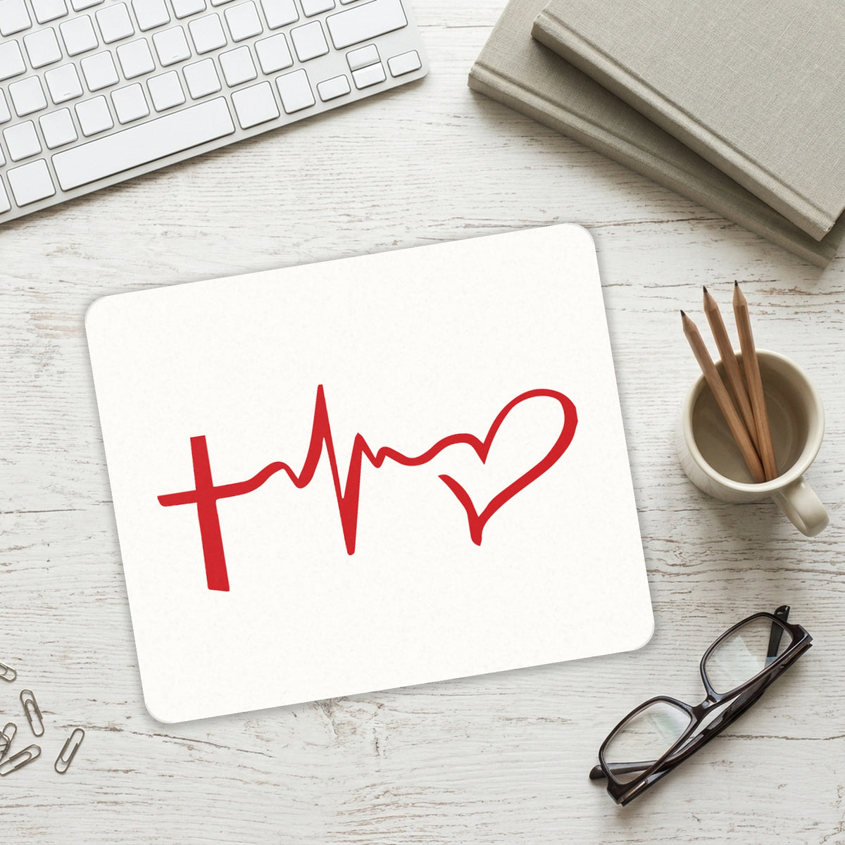 Cross Heart - Faith Hope Love mouse pad on a desk with a keyboard