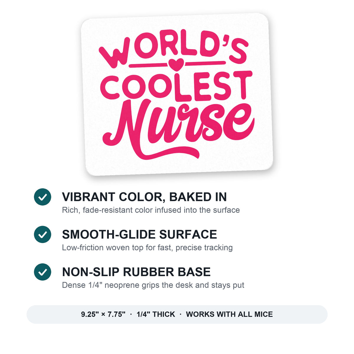 World's Coolest Nurse - Hot Pink mouse pad: vibrant color, smooth-glide surface, non-slip rubber base, 9.25 x 7.75 inches