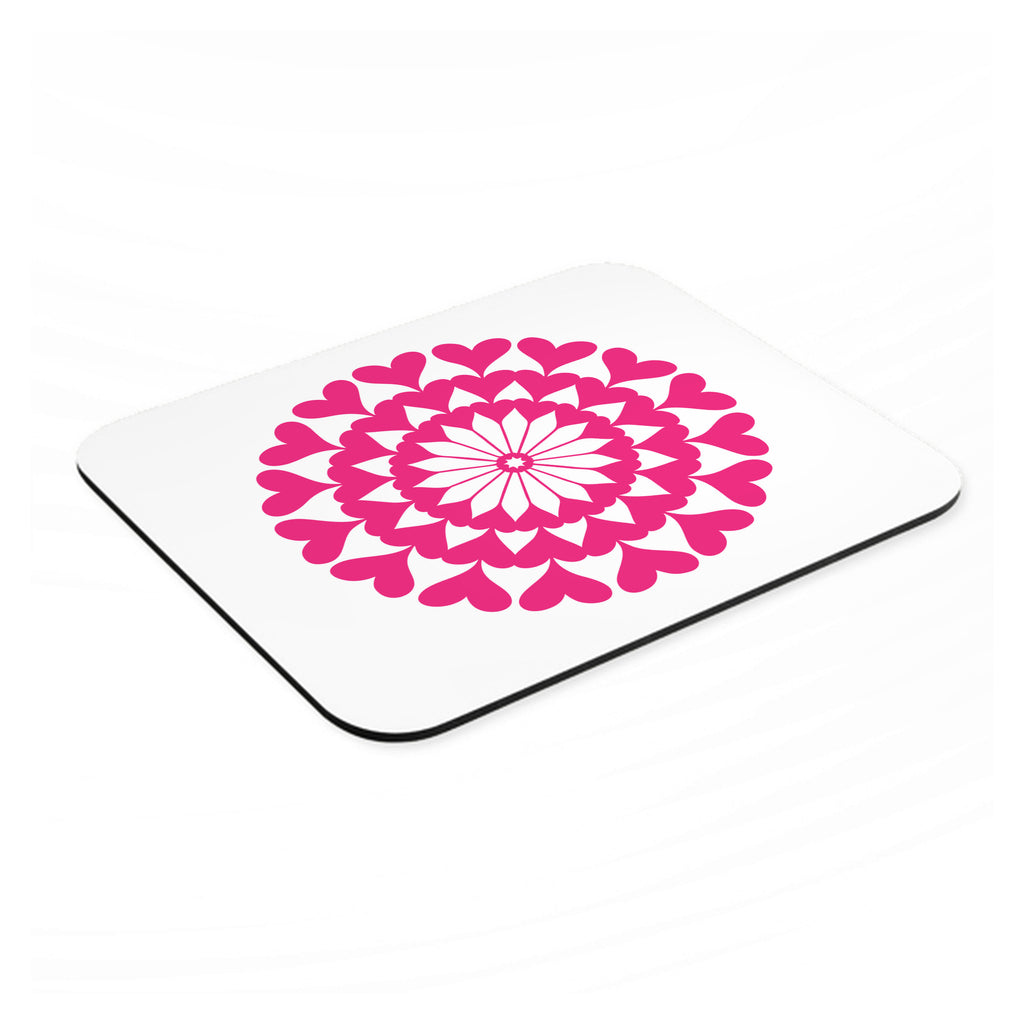 Hot Pink Hearts Mandala mouse pad, angled view showing the 1/4 inch thick base