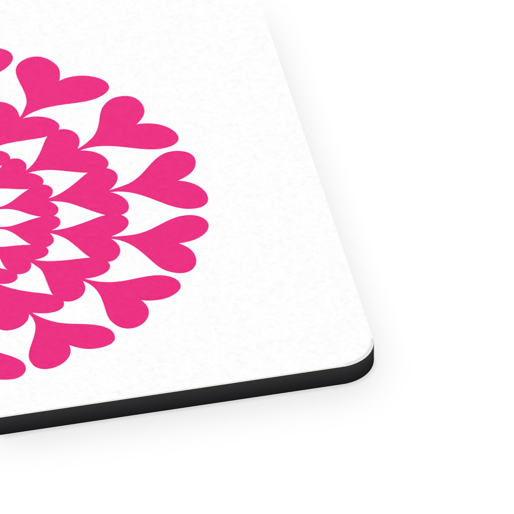 Hot Pink Hearts Mandala mouse pad, close-up of the fabric surface and rubber edge