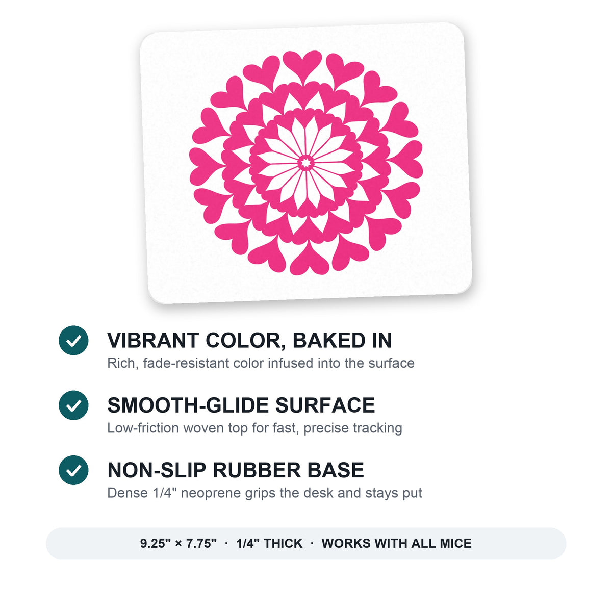 Hot Pink Hearts Mandala mouse pad: vibrant color, smooth-glide surface, non-slip rubber base, 9.25 x 7.75 inches