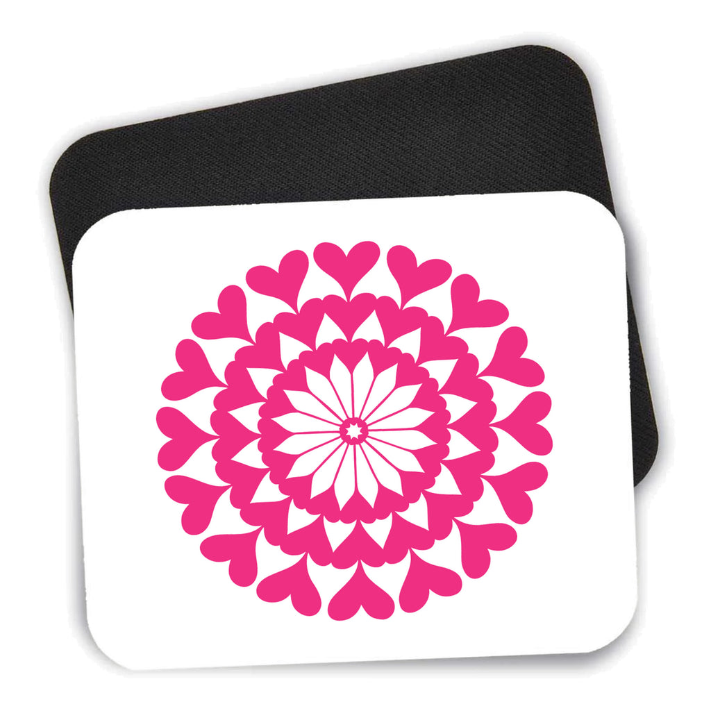 Hot Pink Hearts Mandala mouse pad shown with its black non-slip rubber underside