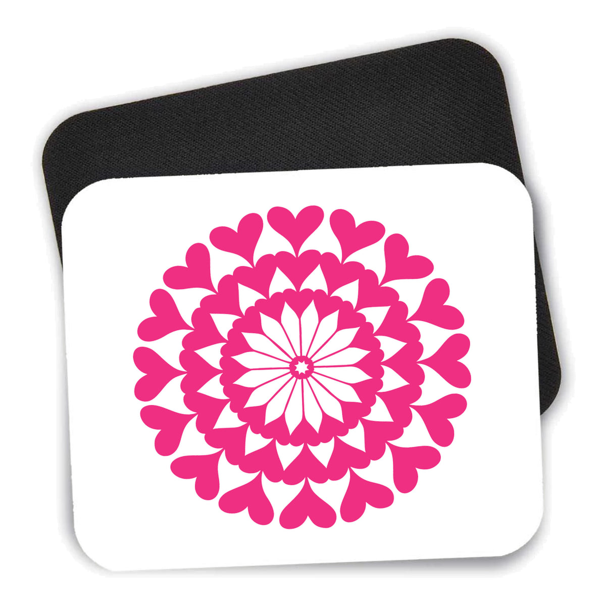 Hot Pink Hearts Mandala mouse pad shown with its black non-slip rubber underside