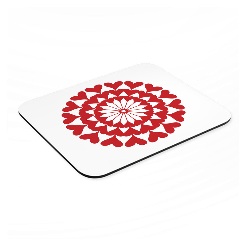 Red Hearts Mandala mouse pad, angled view showing the 1/4 inch thick base