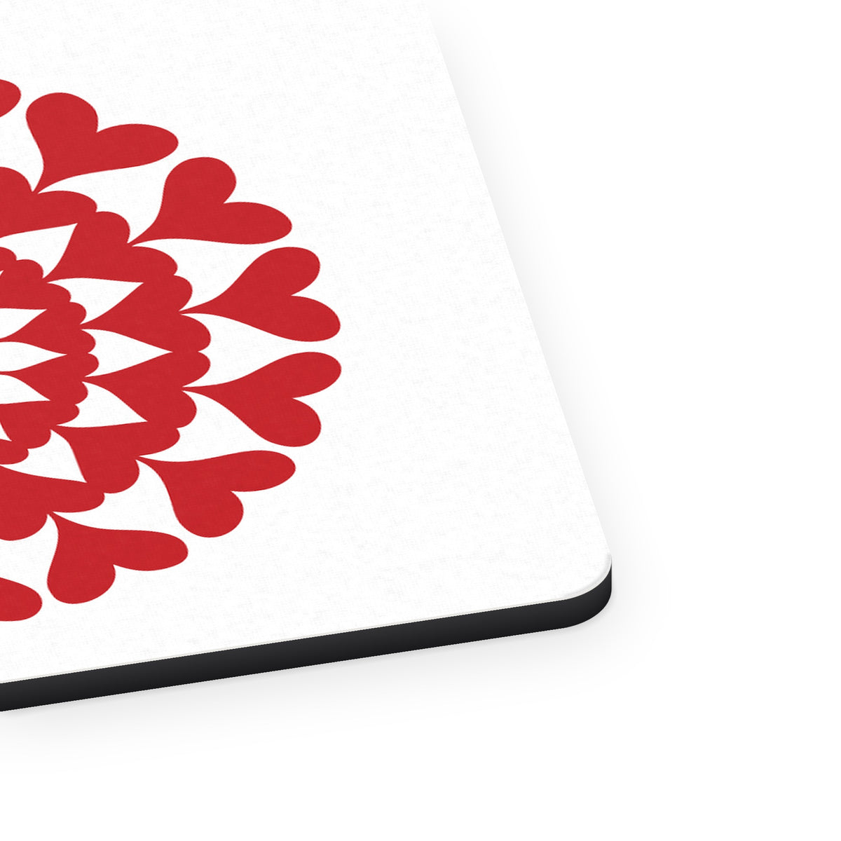 Red Hearts Mandala mouse pad, close-up of the fabric surface and rubber edge