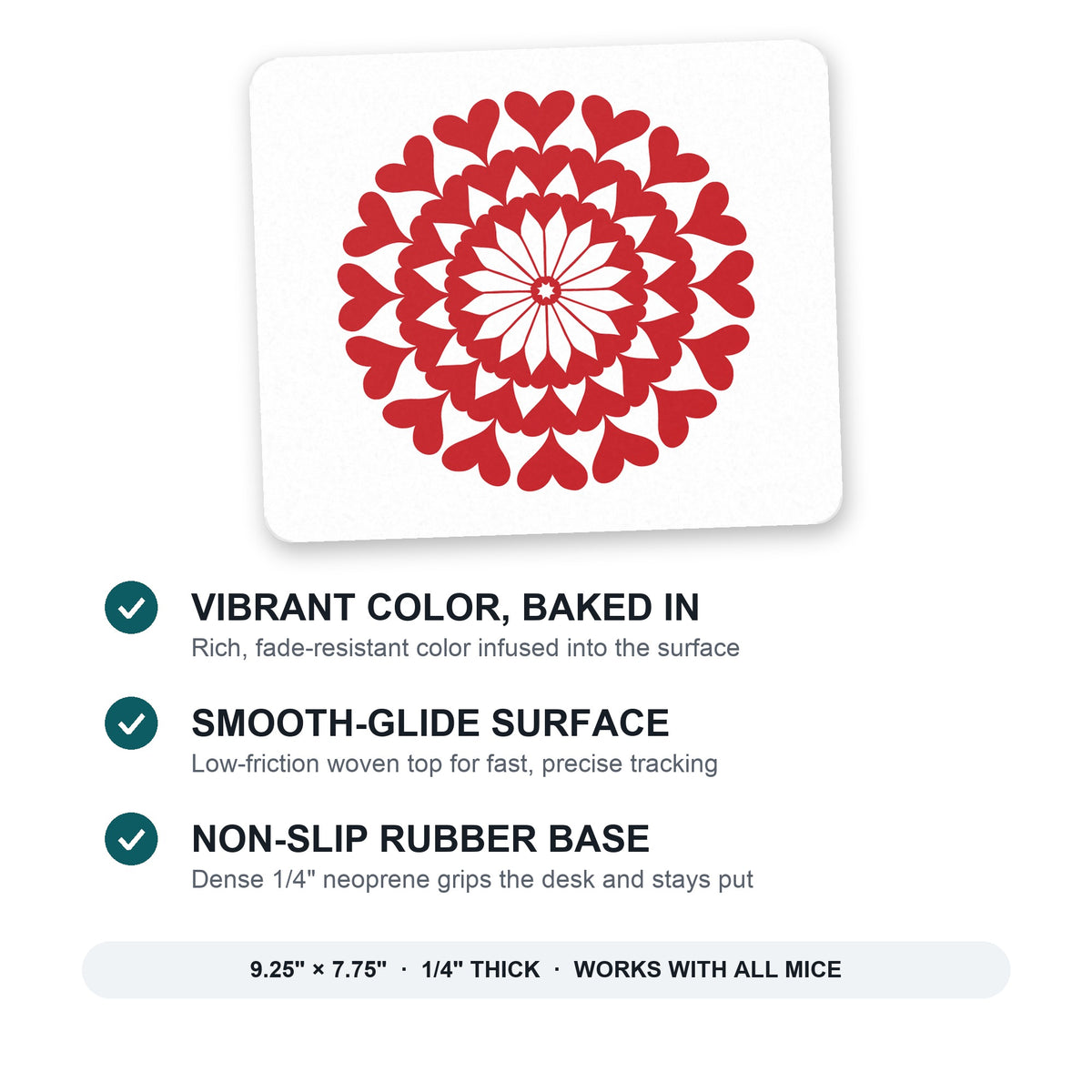 Red Hearts Mandala mouse pad: vibrant color, smooth-glide surface, non-slip rubber base, 9.25 x 7.75 inches