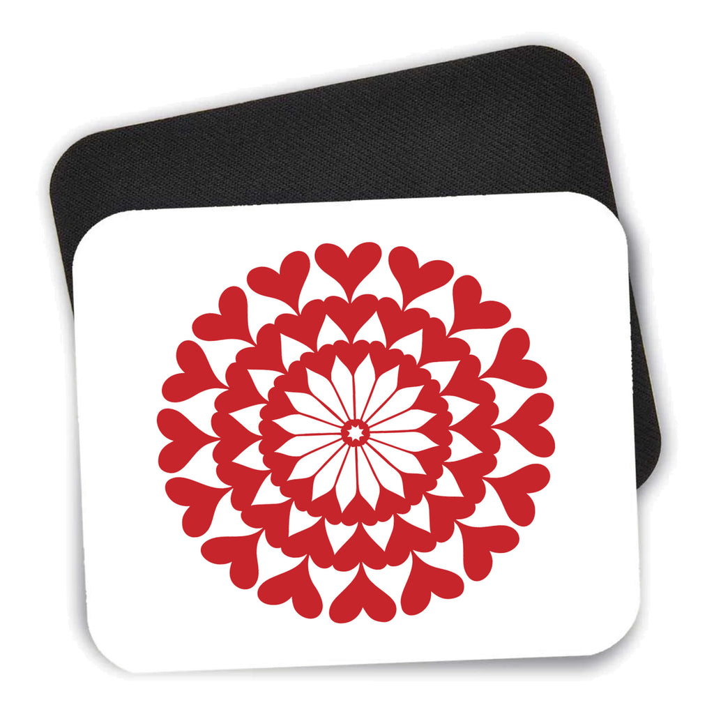 Red Hearts Mandala mouse pad shown with its black non-slip rubber underside