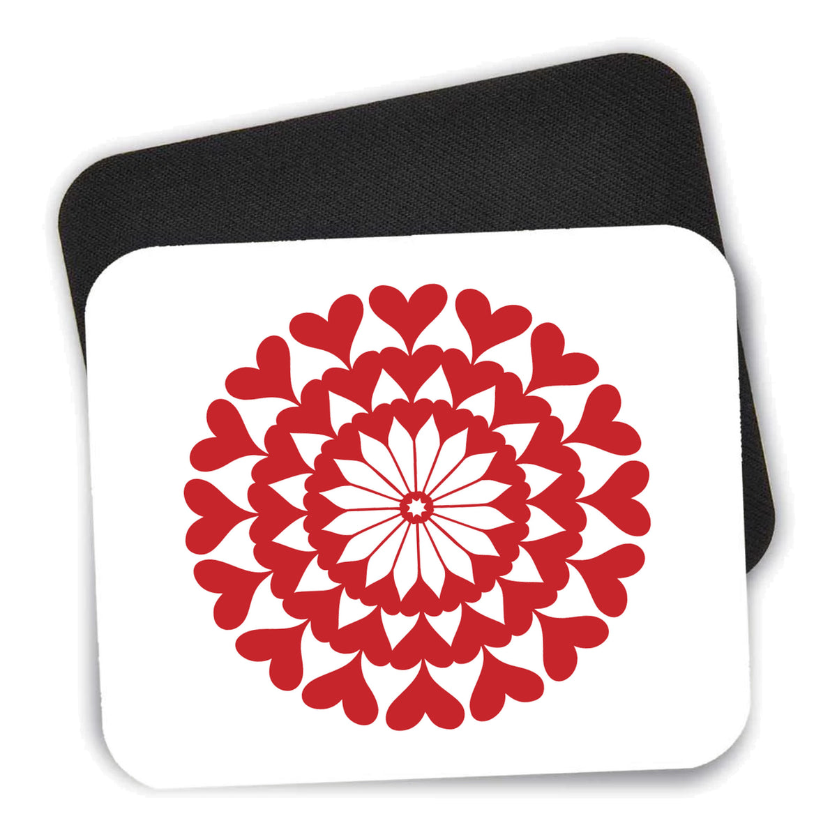 Red Hearts Mandala mouse pad shown with its black non-slip rubber underside
