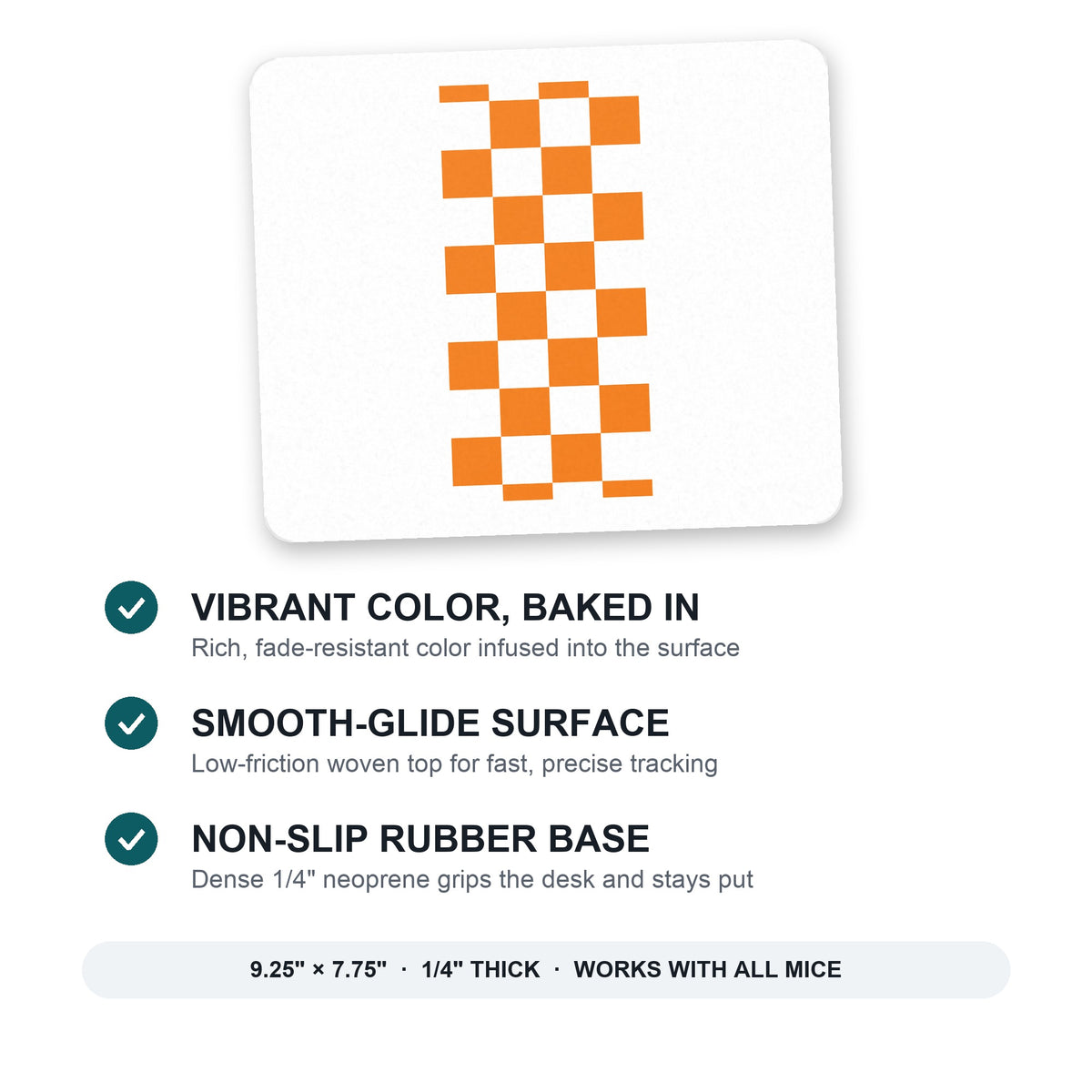 Tennessee Checkerboard - Orange, Clear mouse pad: vibrant color, smooth-glide surface, non-slip rubber base, 9.25 x 7.75 inches
