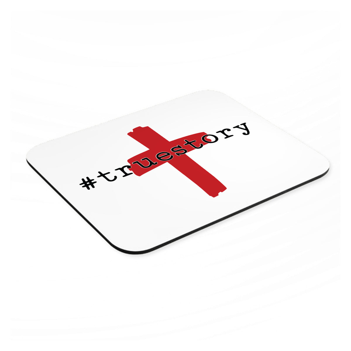 #truestory - Cross - Christian - Red mouse pad, angled view showing the 1/4 inch thick base