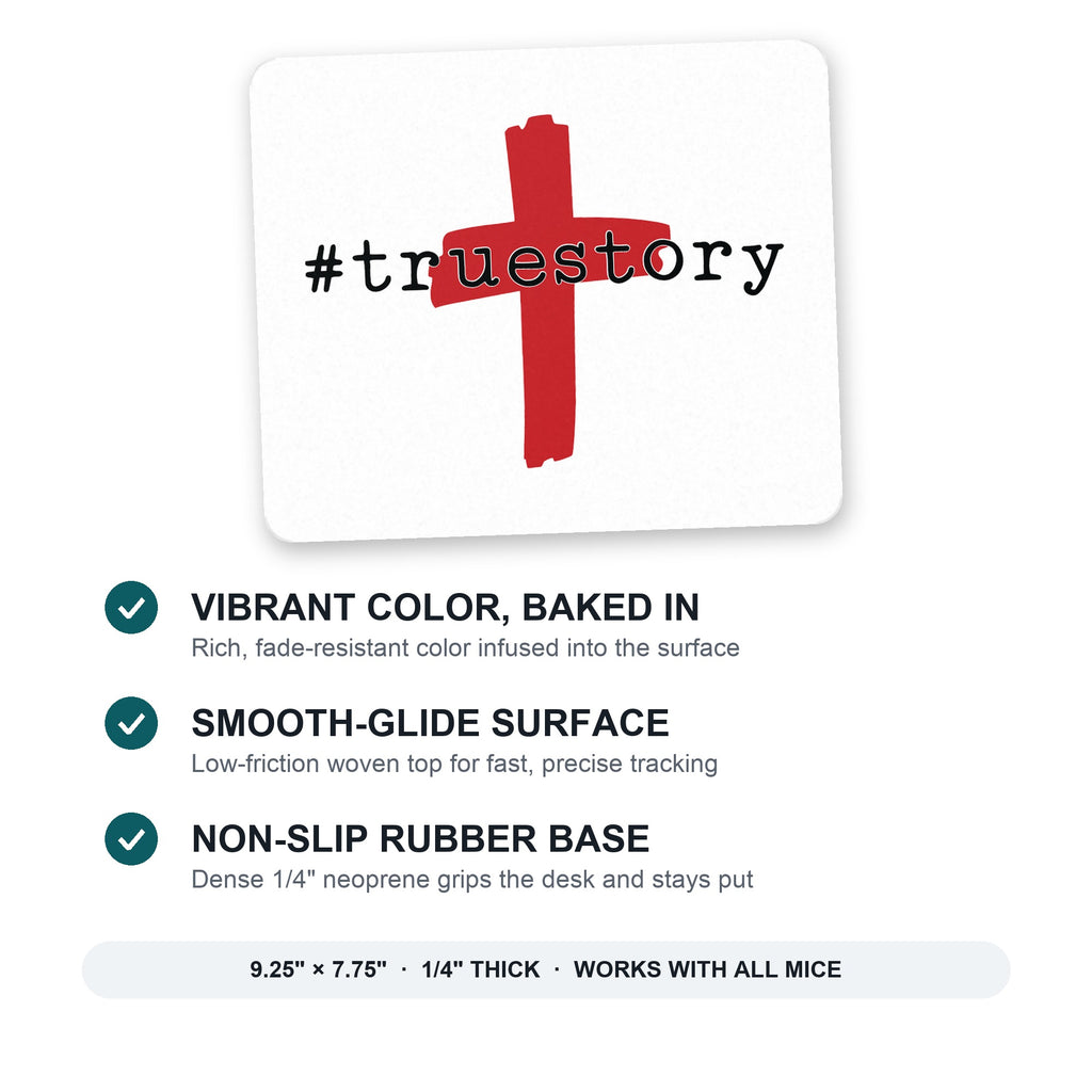 #truestory - Cross - Christian - Red mouse pad: vibrant color, smooth-glide surface, non-slip rubber base, 9.25 x 7.75 inches