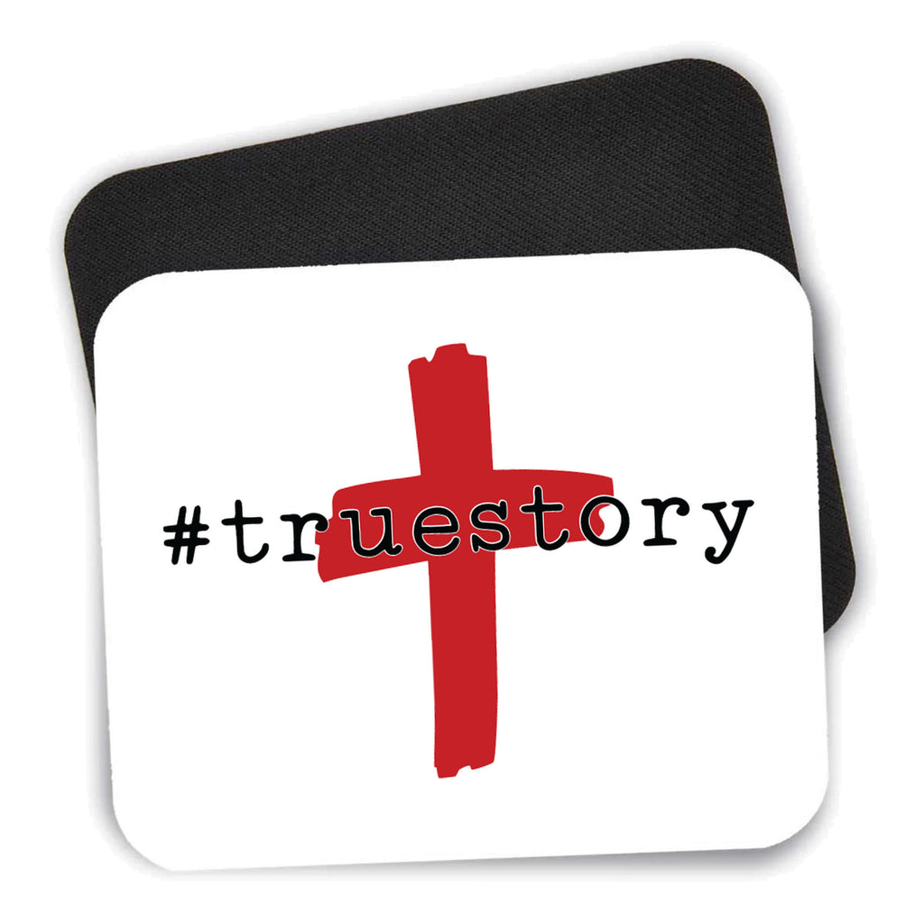 #truestory - Cross - Christian - Red mouse pad shown with its black non-slip rubber underside