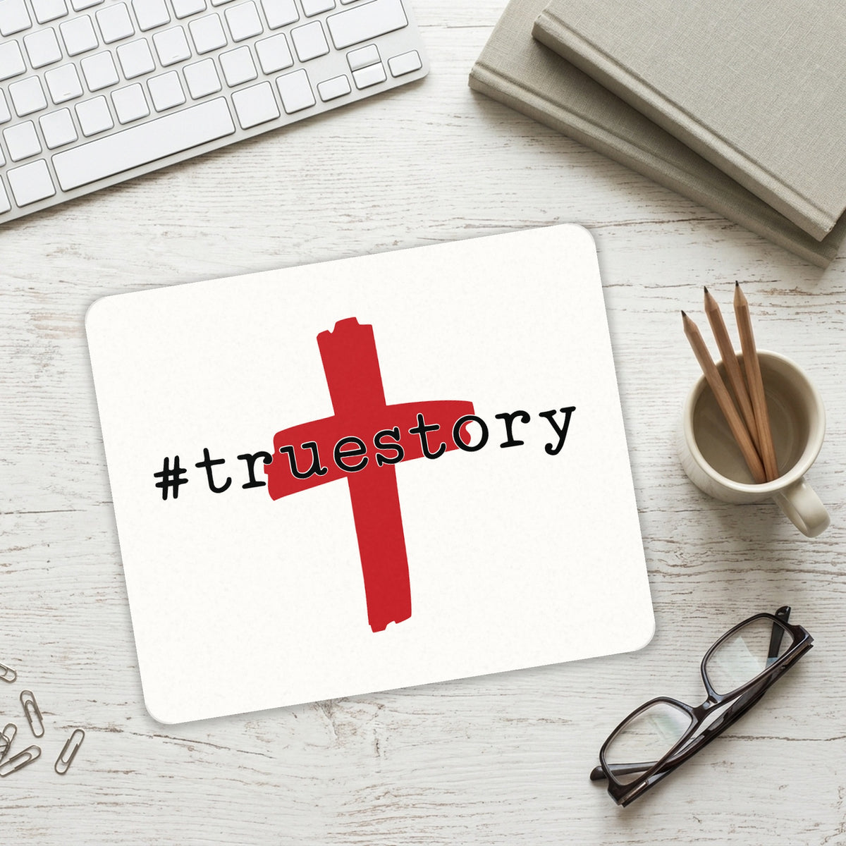 #truestory - Cross - Christian - Red mouse pad on a desk with a keyboard