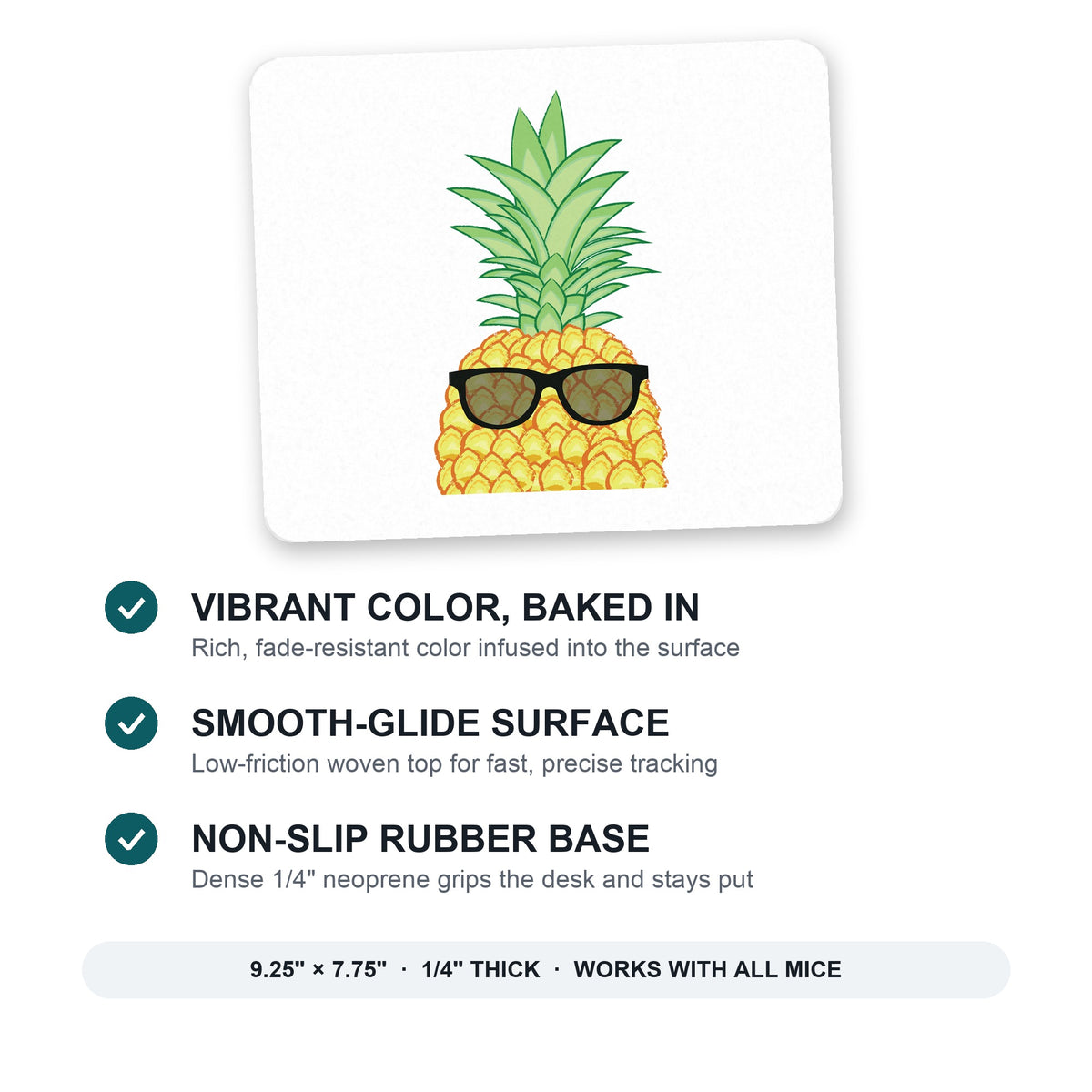 Pineapple Top with Shades mouse pad: vibrant color, smooth-glide surface, non-slip rubber base, 9.25 x 7.75 inches