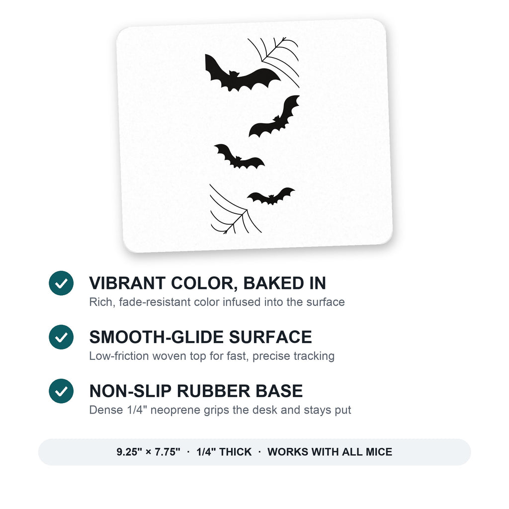 Bats and Spider Webs mouse pad: vibrant color, smooth-glide surface, non-slip rubber base, 9.25 x 7.75 inches