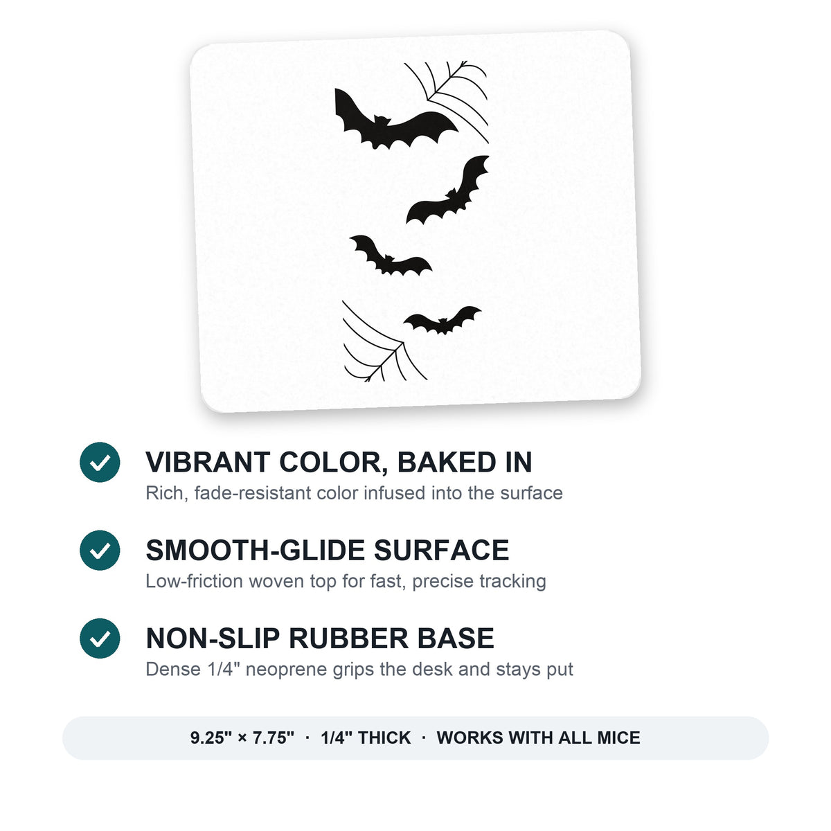 Bats and Spider Webs mouse pad: vibrant color, smooth-glide surface, non-slip rubber base, 9.25 x 7.75 inches