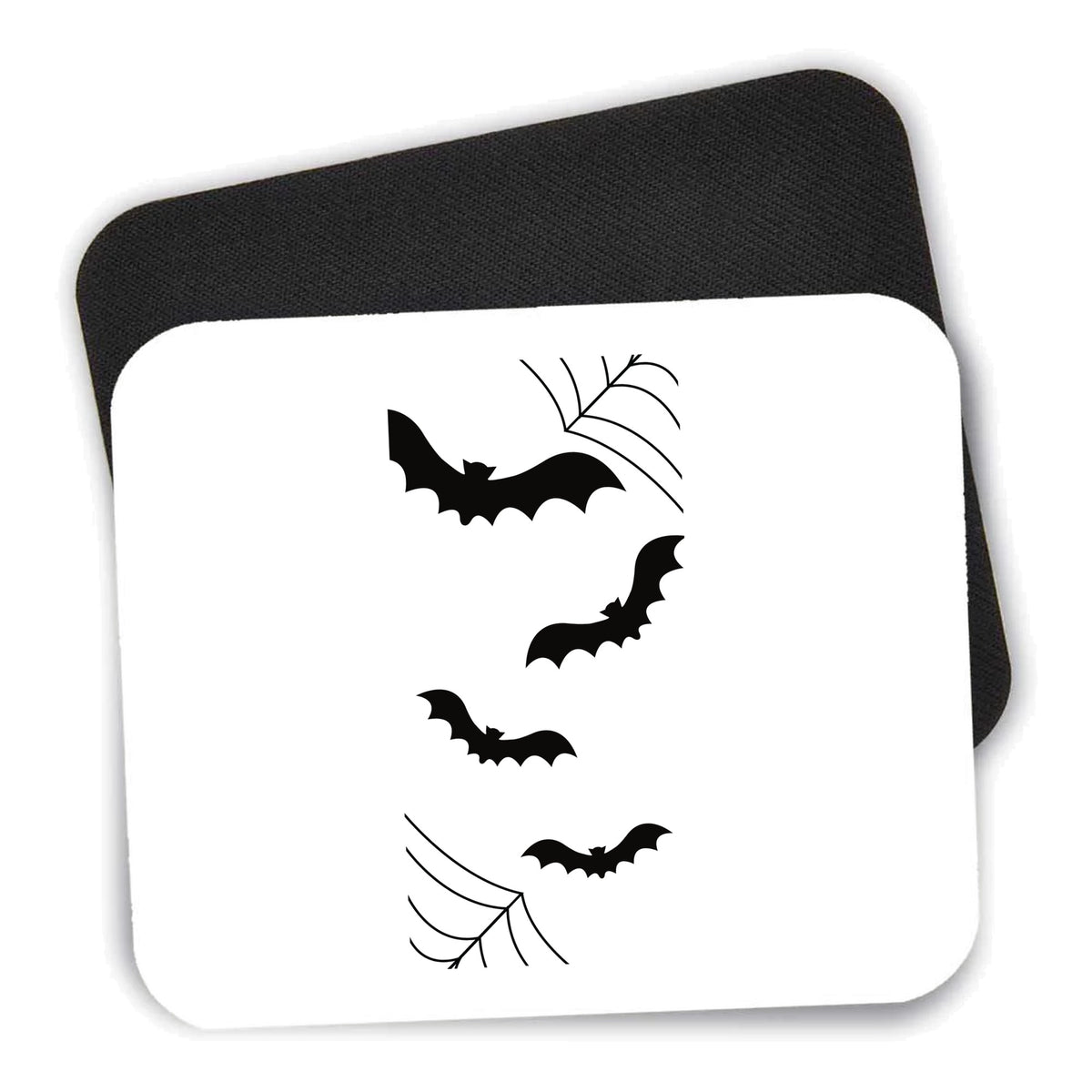 Bats and Spider Webs mouse pad shown with its black non-slip rubber underside