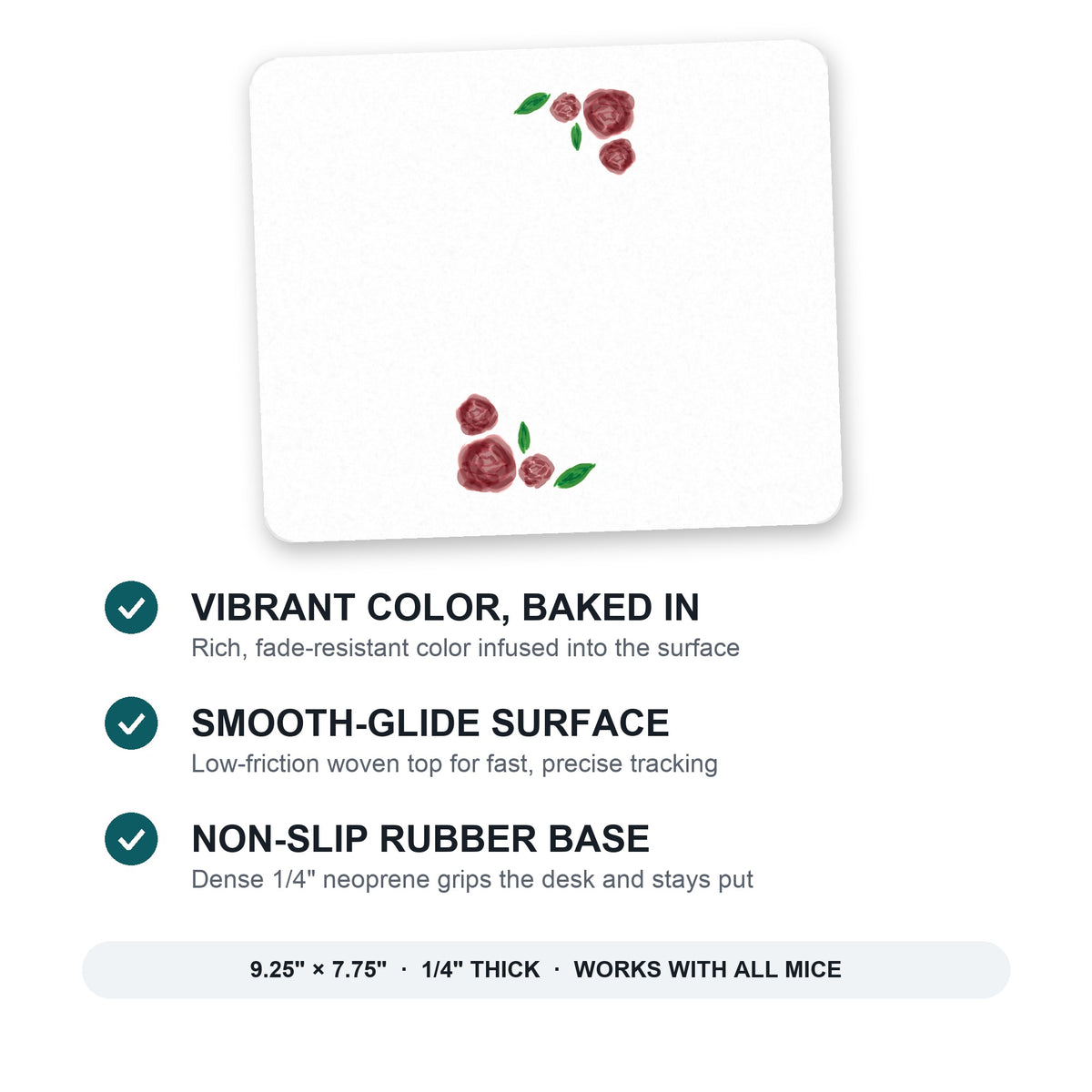 Water colored Roses mouse pad: vibrant color, smooth-glide surface, non-slip rubber base, 9.25 x 7.75 inches