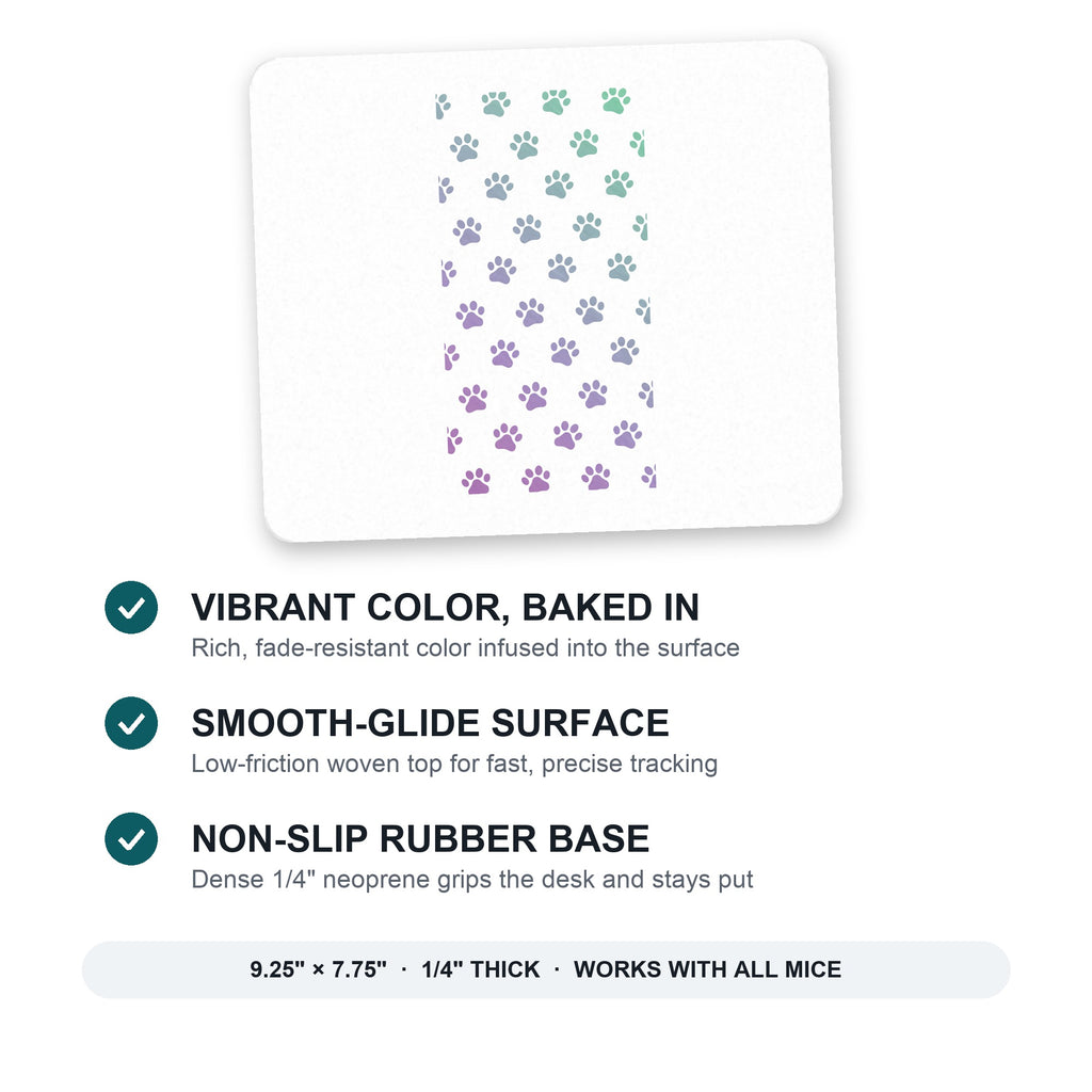 Gradient Pawprints - Purple to Green mouse pad: vibrant color, smooth-glide surface, non-slip rubber base, 9.25 x 7.75 inches