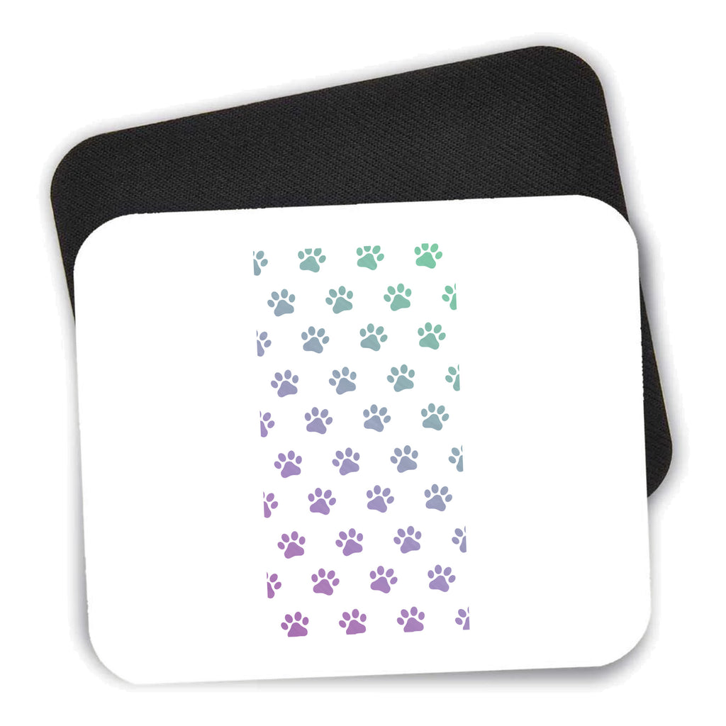 Gradient Pawprints - Purple to Green mouse pad shown with its black non-slip rubber underside