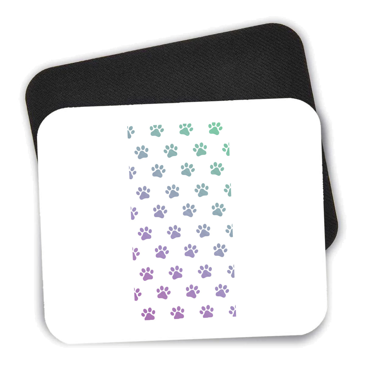 Gradient Pawprints - Purple to Green mouse pad shown with its black non-slip rubber underside
