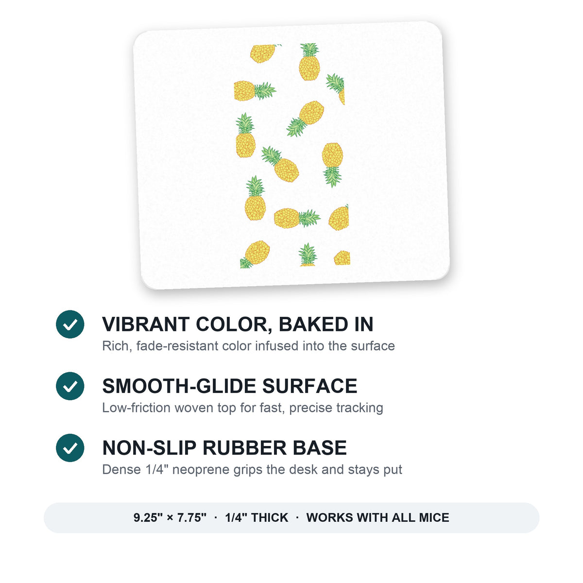 Repeating Pineapple Pattern mouse pad: vibrant color, smooth-glide surface, non-slip rubber base, 9.25 x 7.75 inches