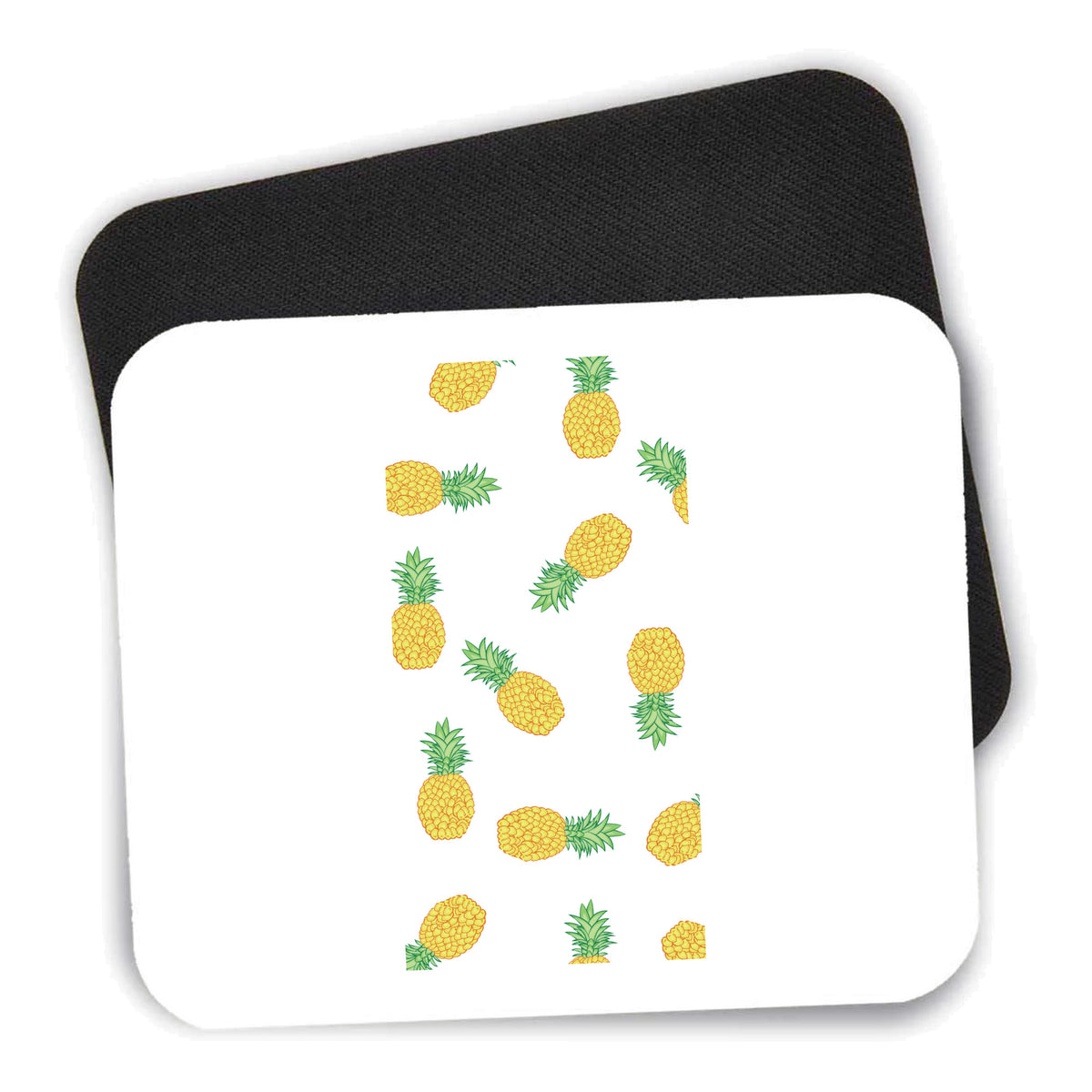 Repeating Pineapple Pattern mouse pad shown with its black non-slip rubber underside