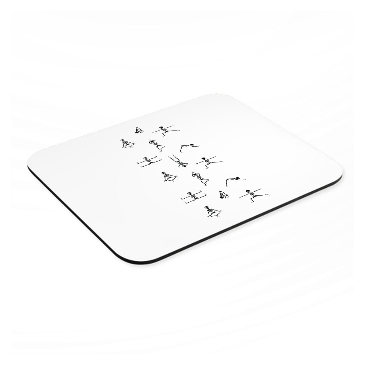 Yoga Skeletons mouse pad, angled view showing the 1/4 inch thick base