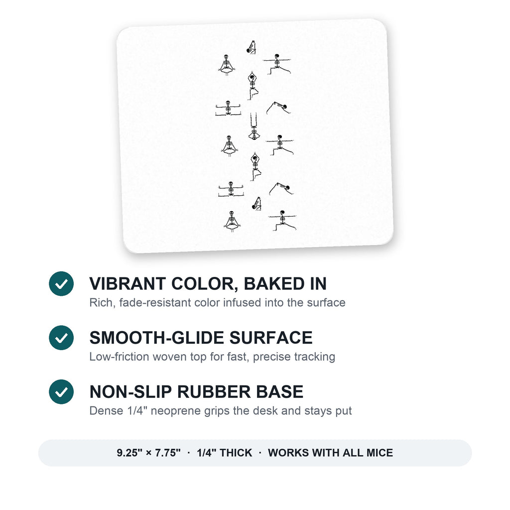 Yoga Skeletons mouse pad: vibrant color, smooth-glide surface, non-slip rubber base, 9.25 x 7.75 inches