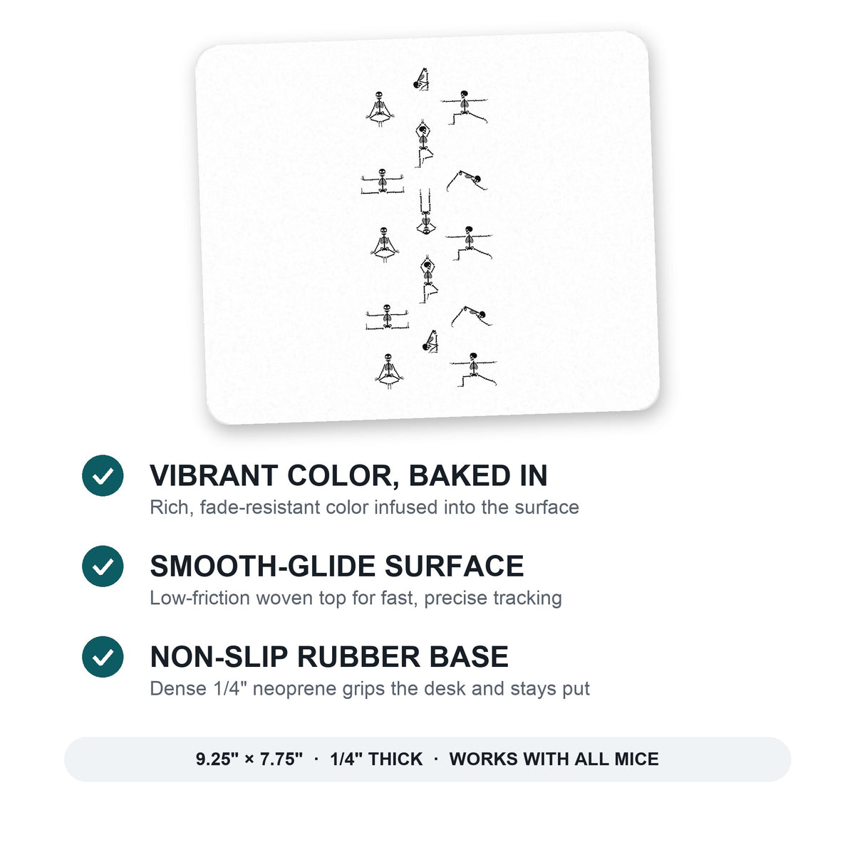 Yoga Skeletons mouse pad: vibrant color, smooth-glide surface, non-slip rubber base, 9.25 x 7.75 inches