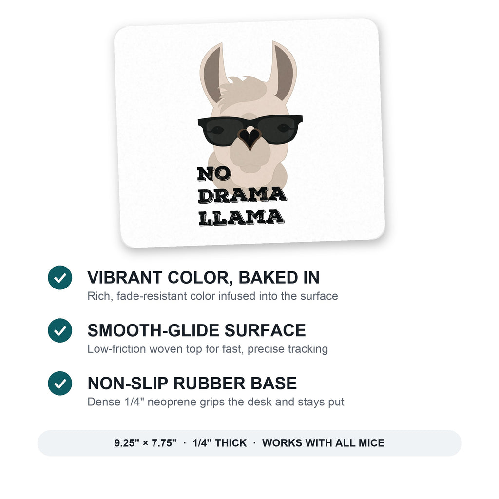 No Drama Llama Cartoon mouse pad: vibrant color, smooth-glide surface, non-slip rubber base, 9.25 x 7.75 inches