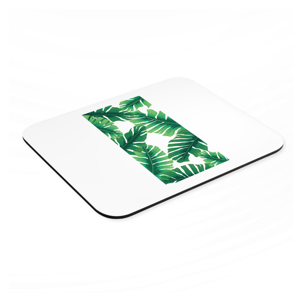 Tropical Banana Leaves mouse pad, angled view showing the 1/4 inch thick base