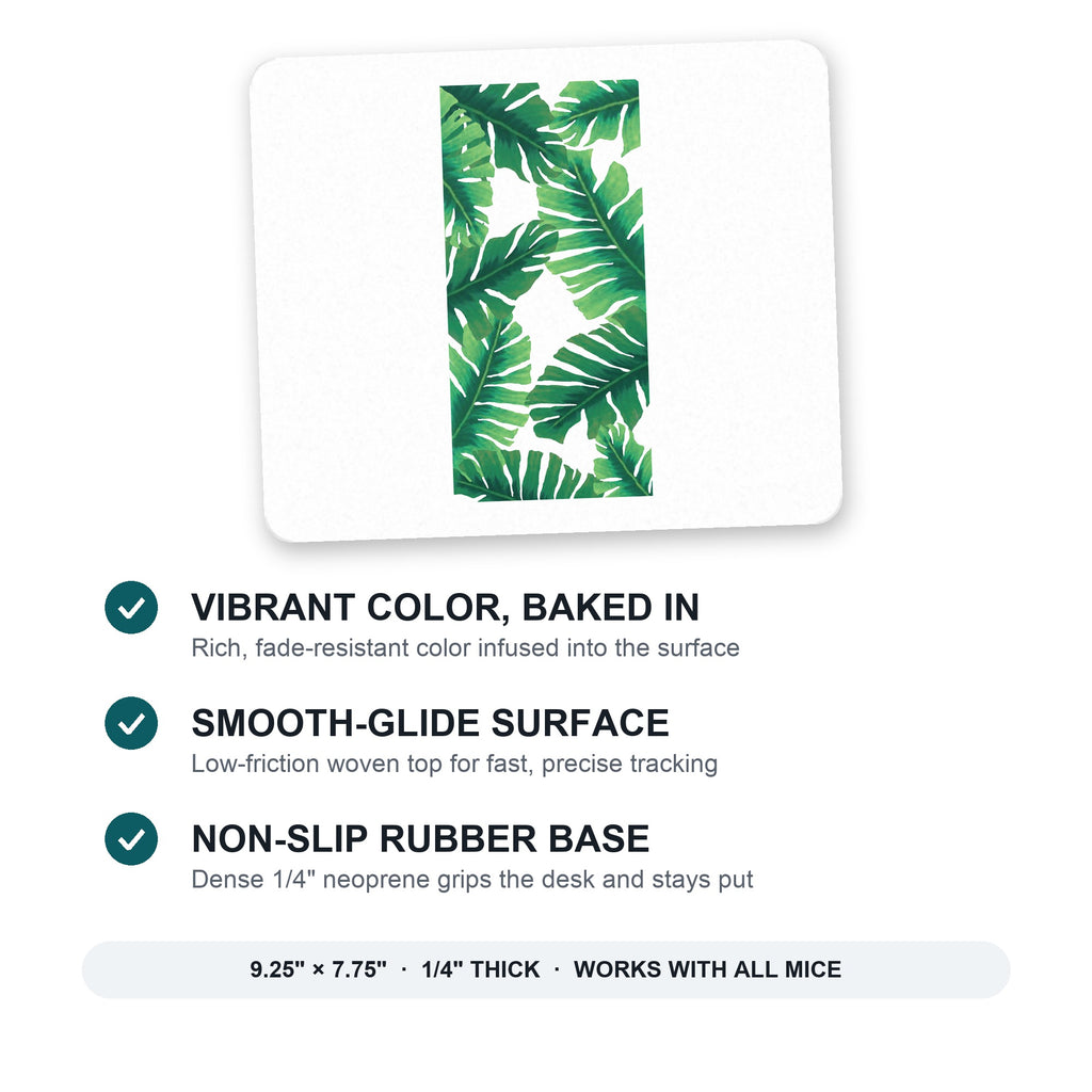 Tropical Banana Leaves mouse pad: vibrant color, smooth-glide surface, non-slip rubber base, 9.25 x 7.75 inches