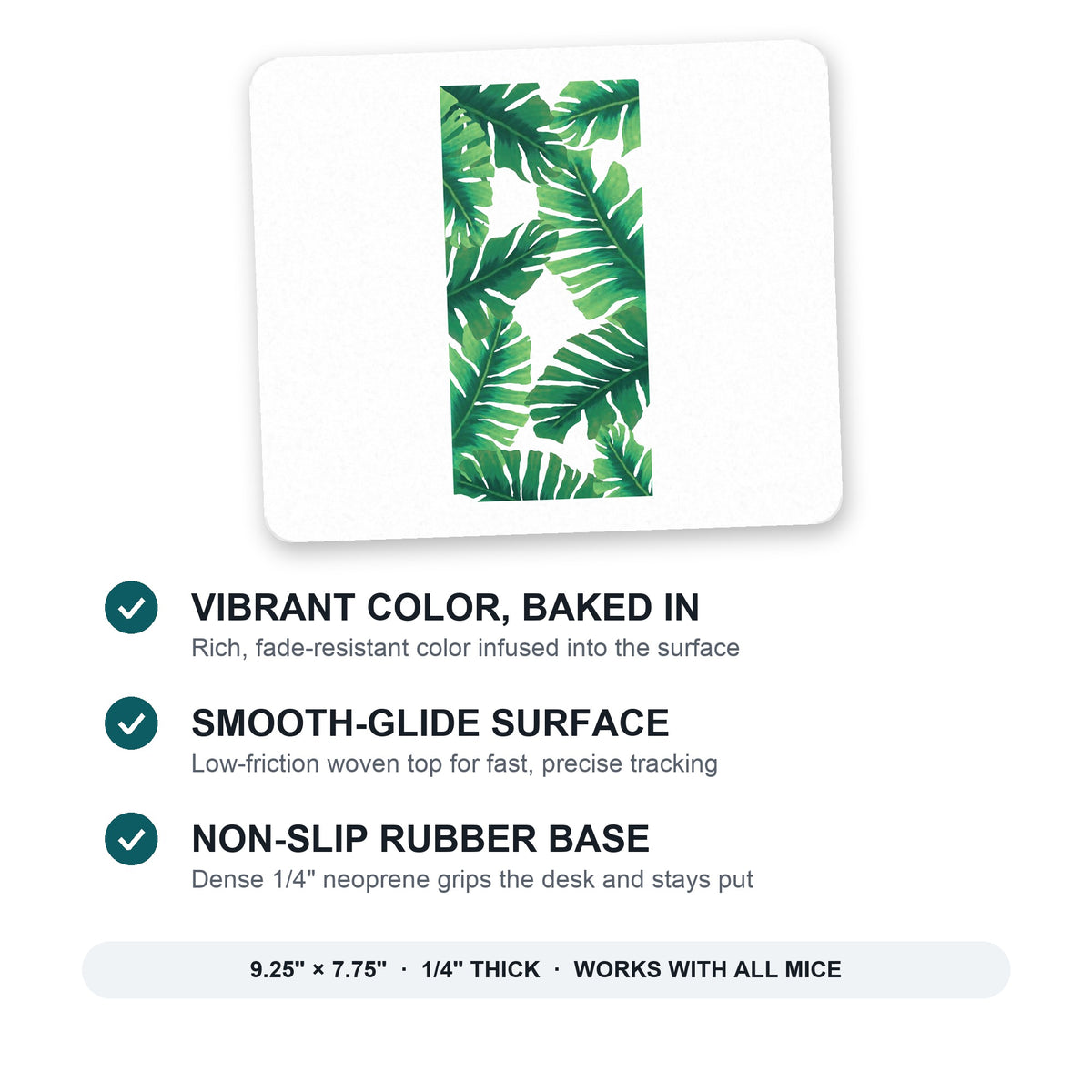 Tropical Banana Leaves mouse pad: vibrant color, smooth-glide surface, non-slip rubber base, 9.25 x 7.75 inches