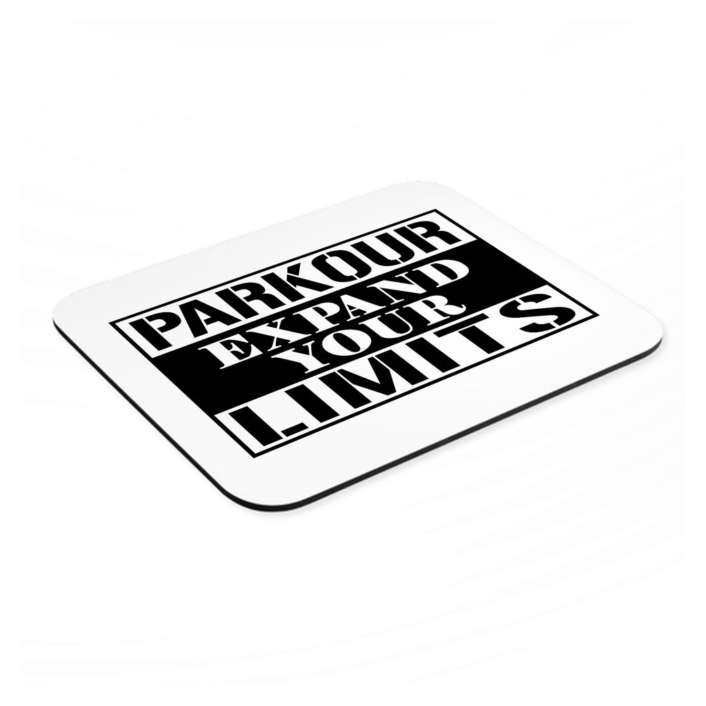 Parkour Expand Your Limits mouse pad, angled view showing the 1/4 inch thick base