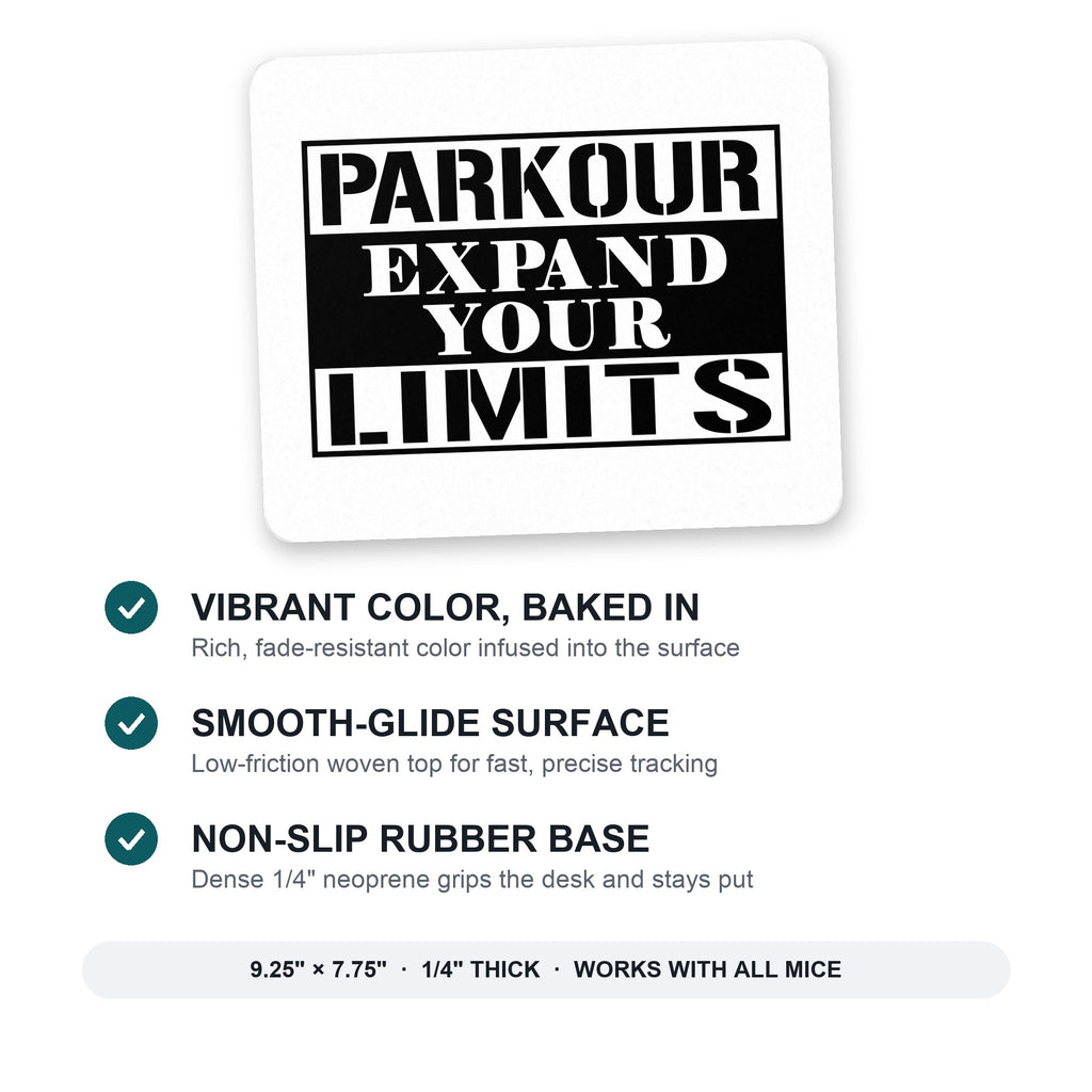 Parkour Expand Your Limits mouse pad: vibrant color, smooth-glide surface, non-slip rubber base, 9.25 x 7.75 inches