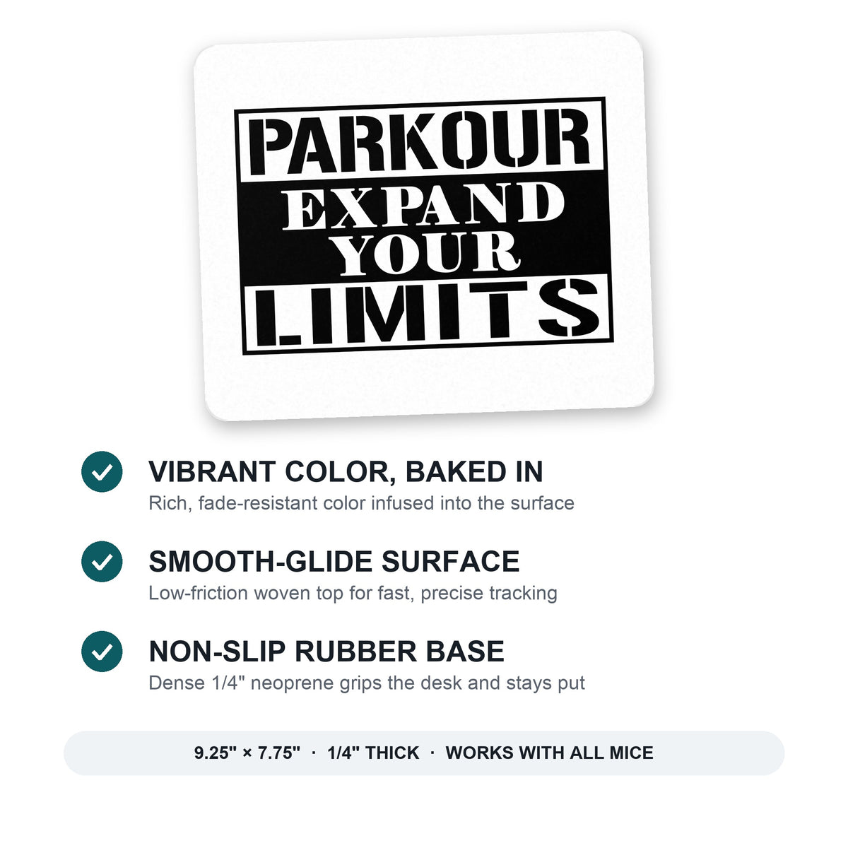 Parkour Expand Your Limits mouse pad: vibrant color, smooth-glide surface, non-slip rubber base, 9.25 x 7.75 inches