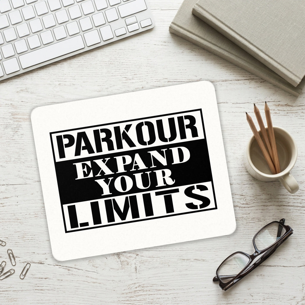 Parkour Expand Your Limits mouse pad on a desk with a keyboard