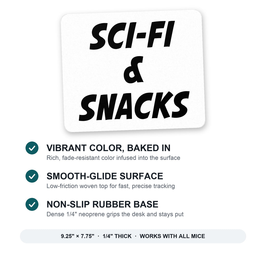 Sci-Fi & Snacks mouse pad: vibrant color, smooth-glide surface, non-slip rubber base, 9.25 x 7.75 inches