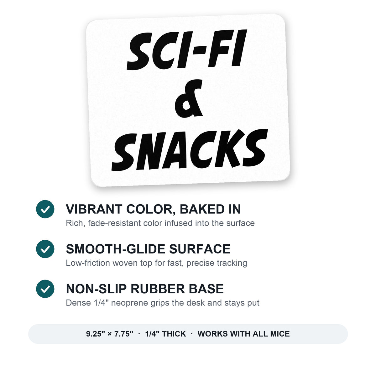 Sci-Fi & Snacks mouse pad: vibrant color, smooth-glide surface, non-slip rubber base, 9.25 x 7.75 inches