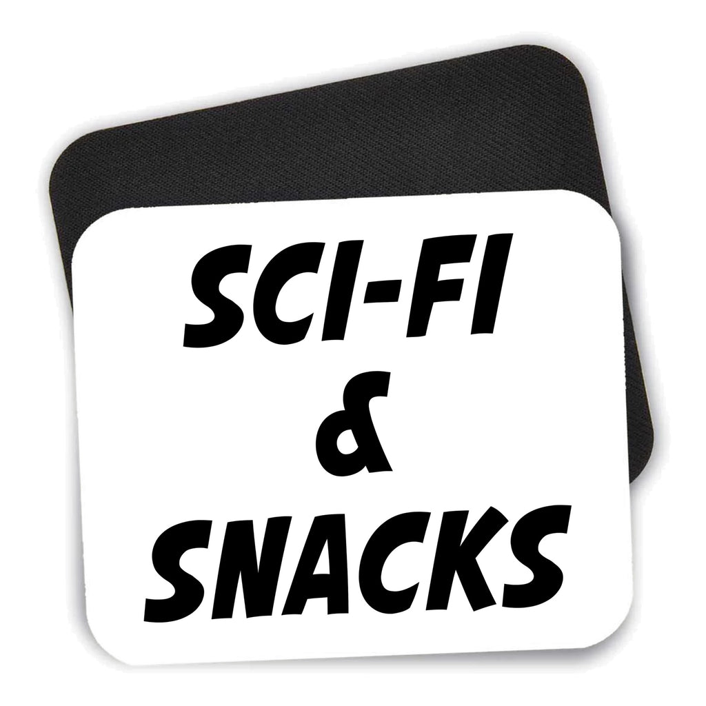 Sci-Fi & Snacks mouse pad shown with its black non-slip rubber underside